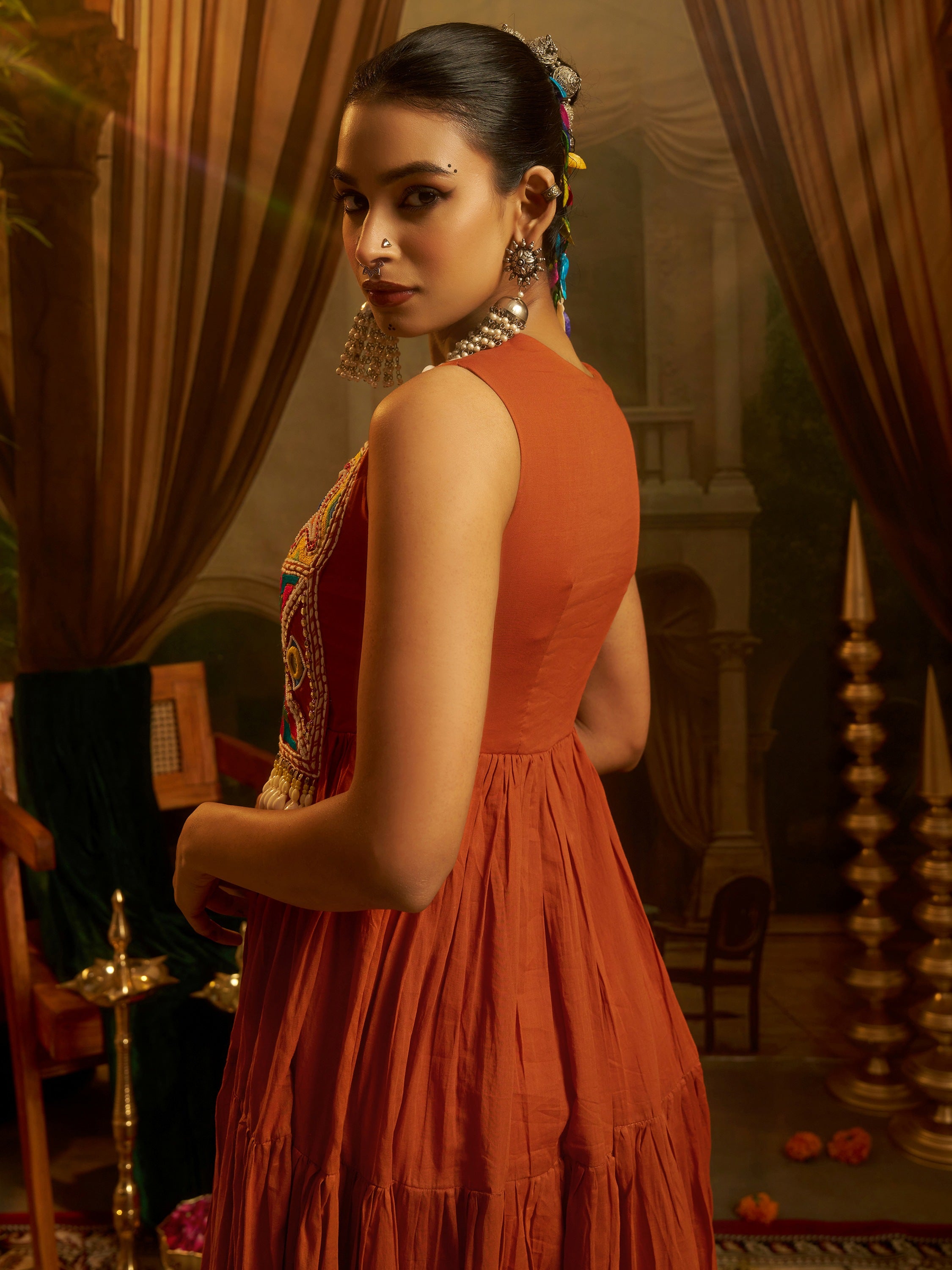 Aesthetic Rust Orange Thread Work Cotton Navratri Wear Gown