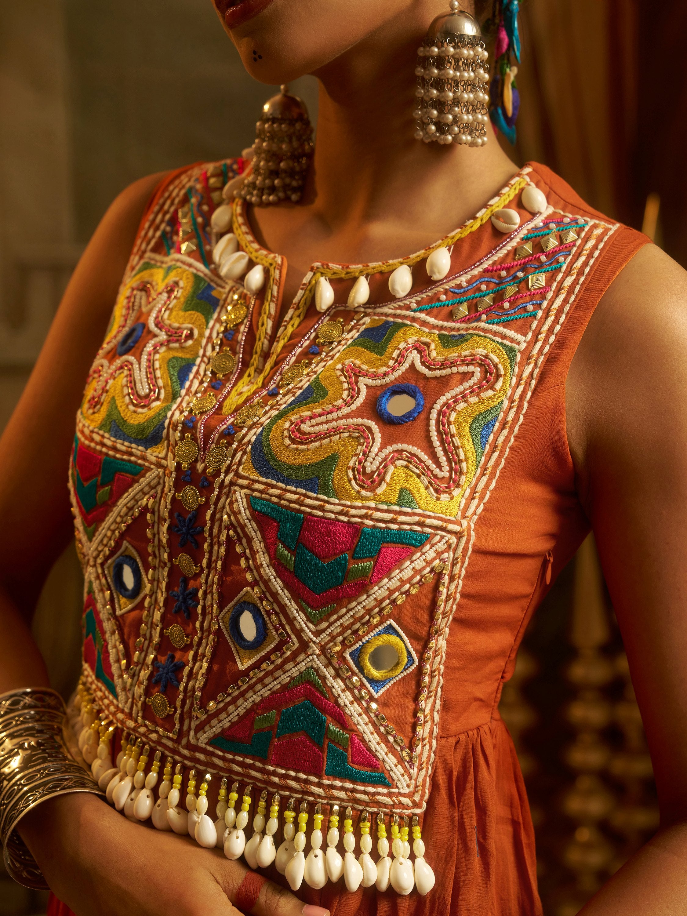 Aesthetic Rust Orange Thread Work Cotton Navratri Wear Gown