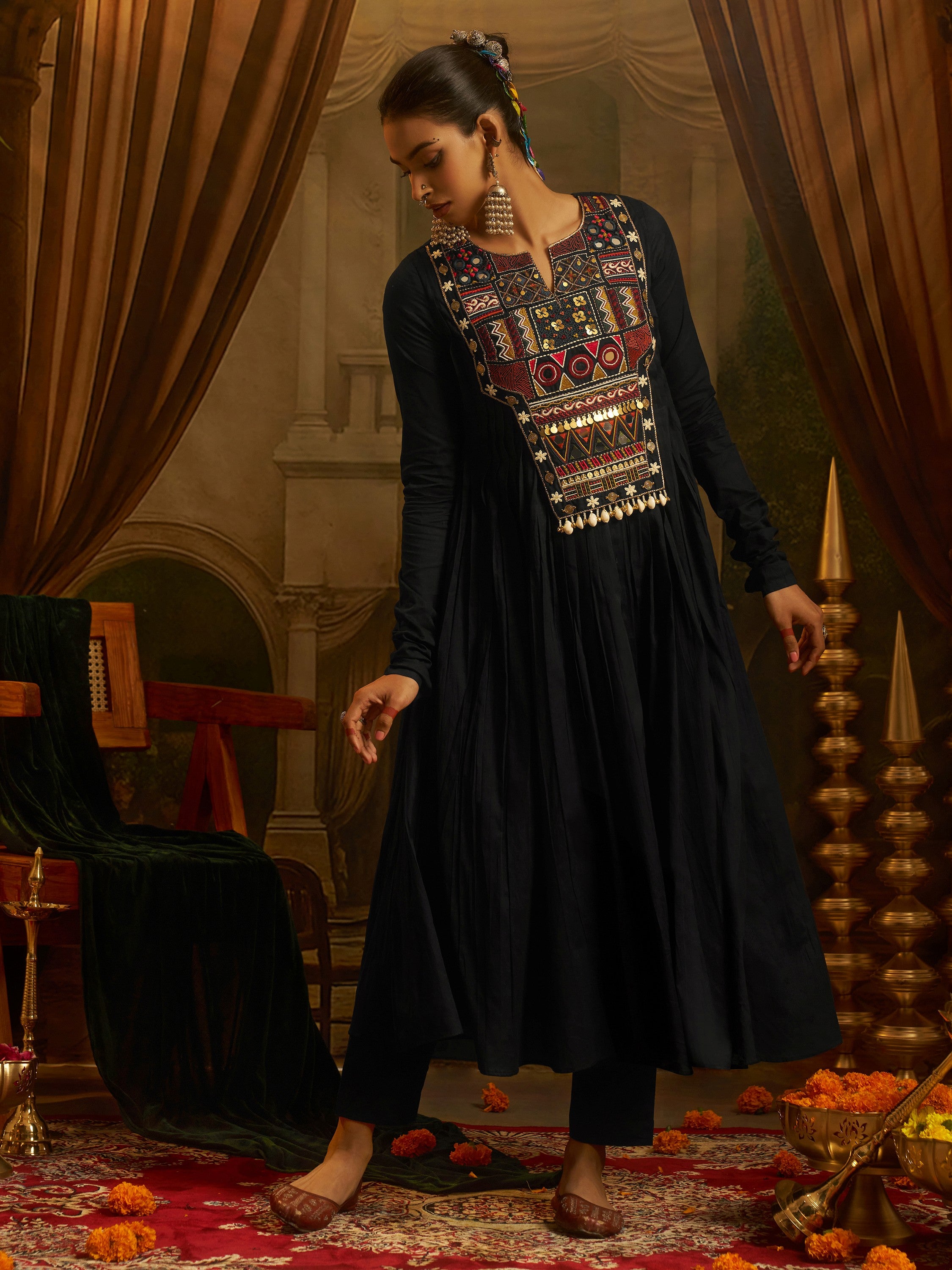 Graceful Black Thread Work Cotton Navratri Wear Kurti Set