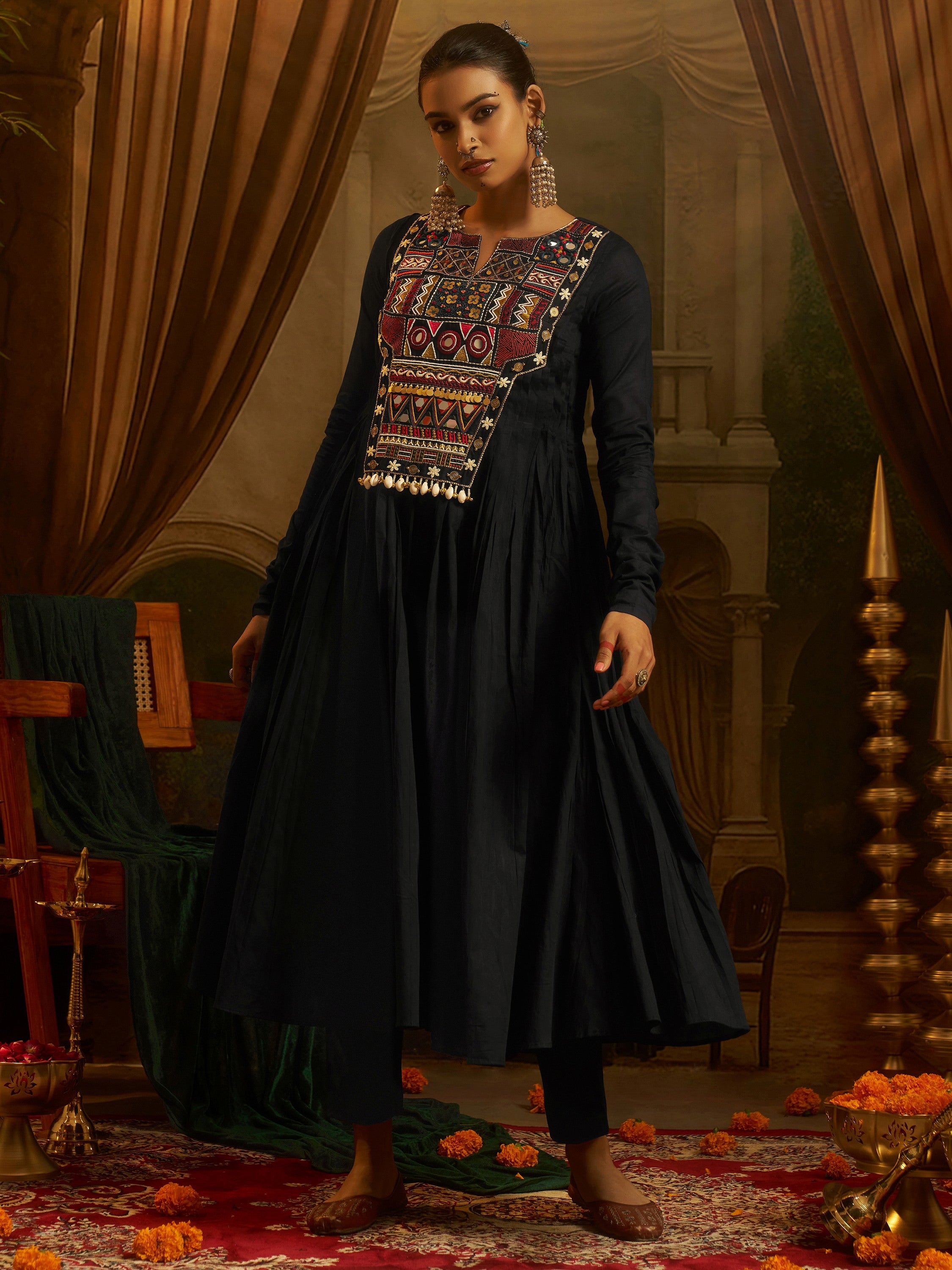 Graceful Black Thread Work Cotton Navratri Wear Kurti Set