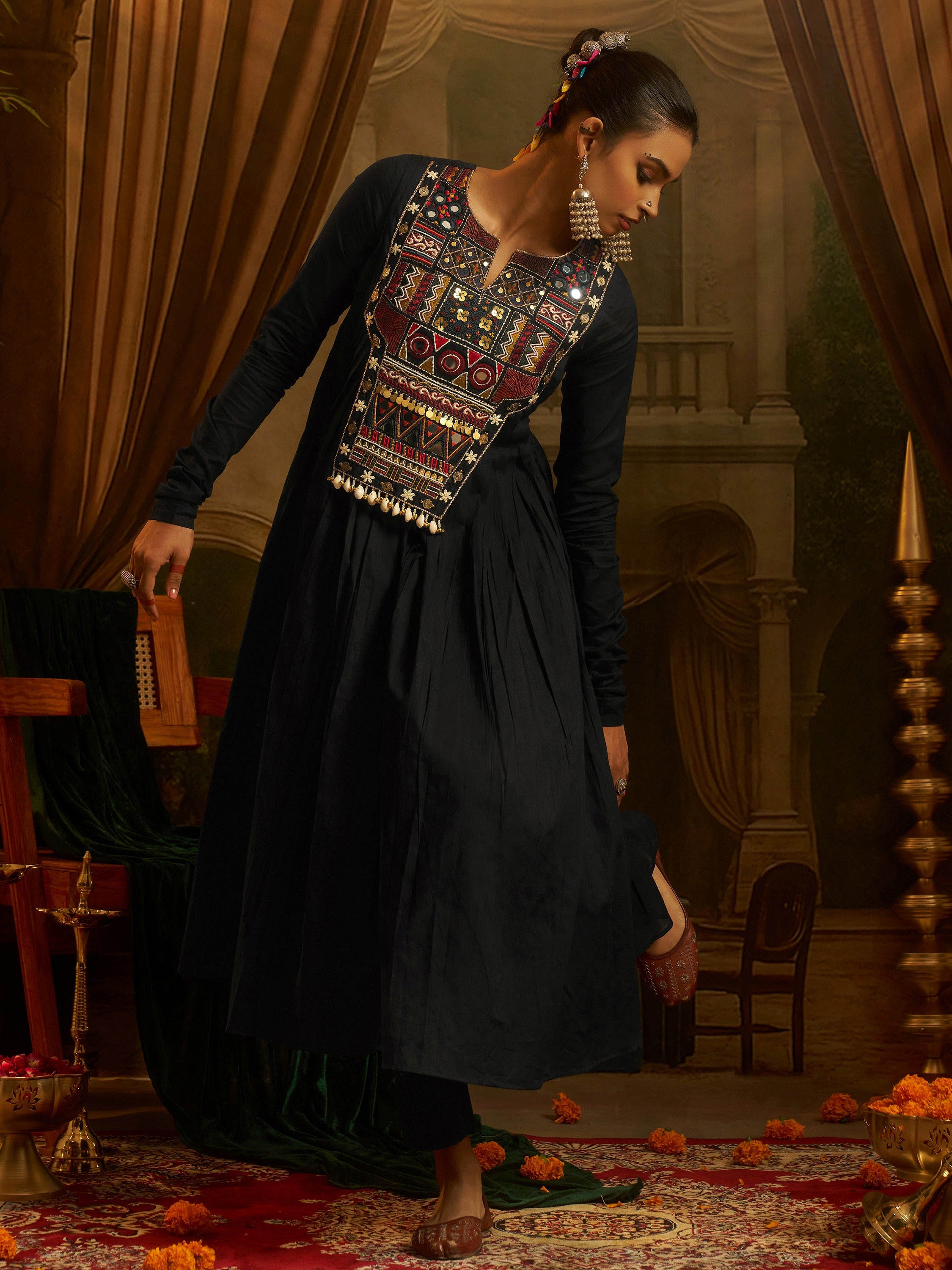Graceful Black Thread Work Cotton Navratri Wear Kurti Set