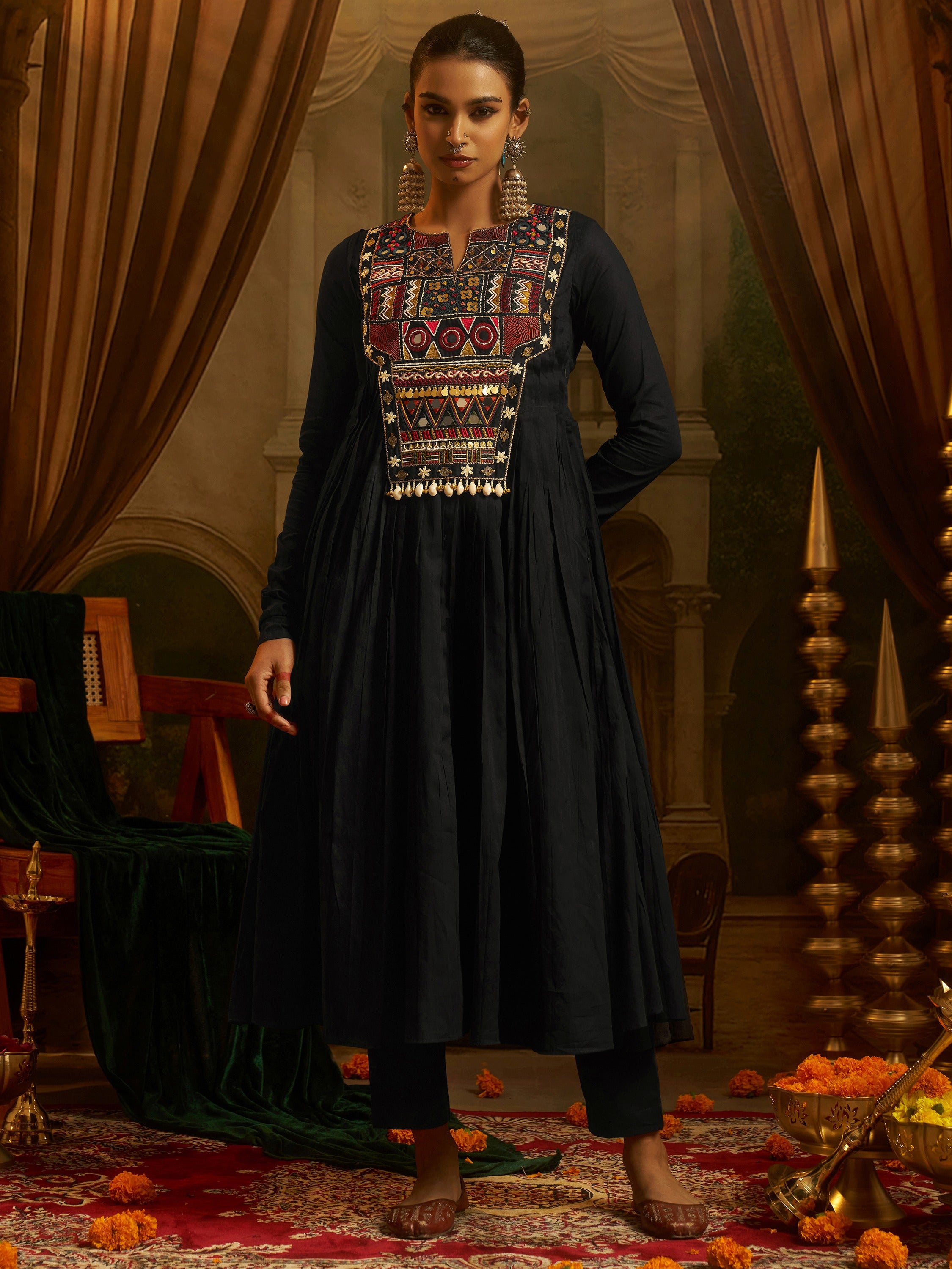 Graceful Black Thread Work Cotton Navratri Wear Kurti Set