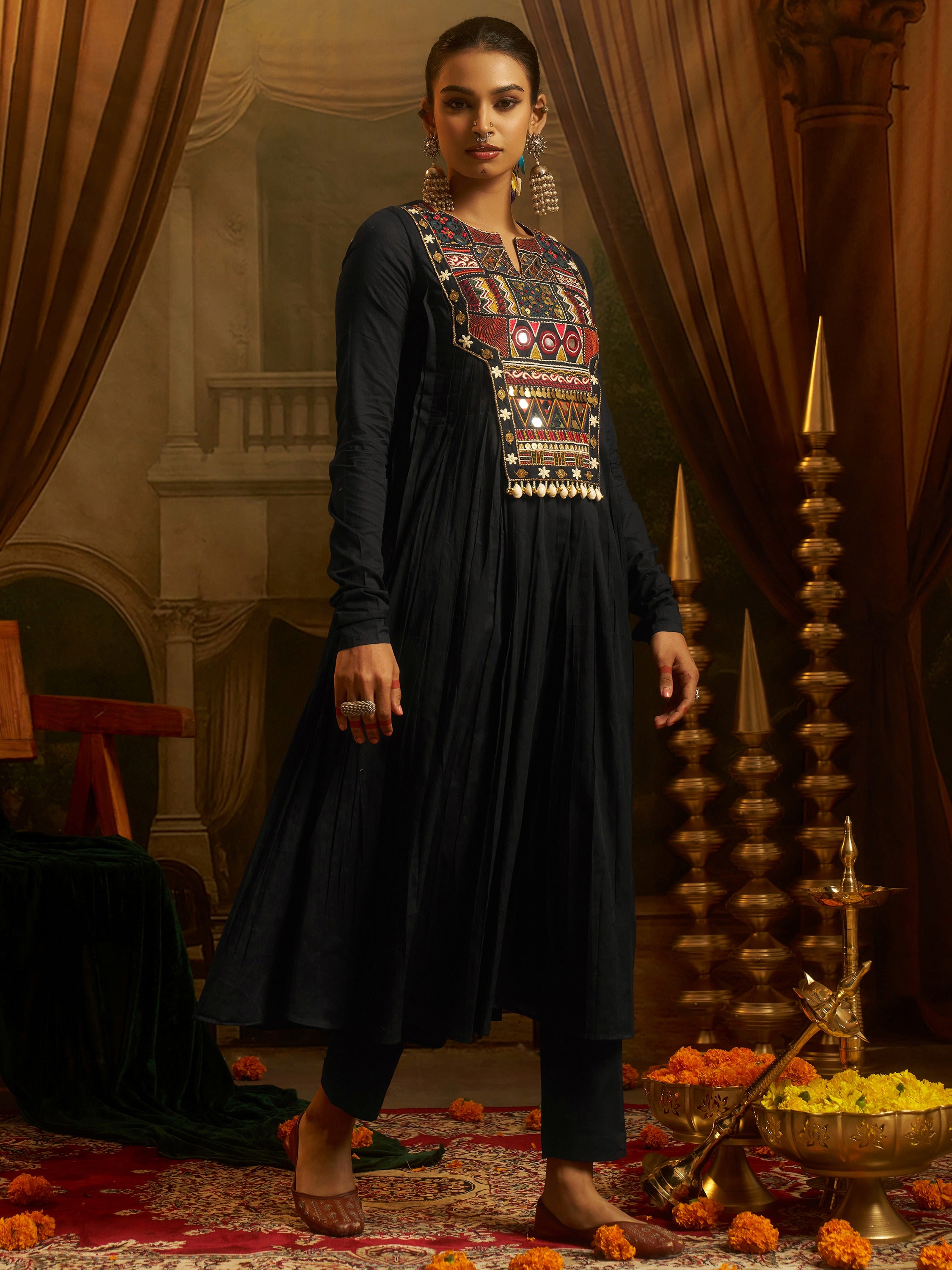 Graceful Black Thread Work Cotton Navratri Wear Kurti Set