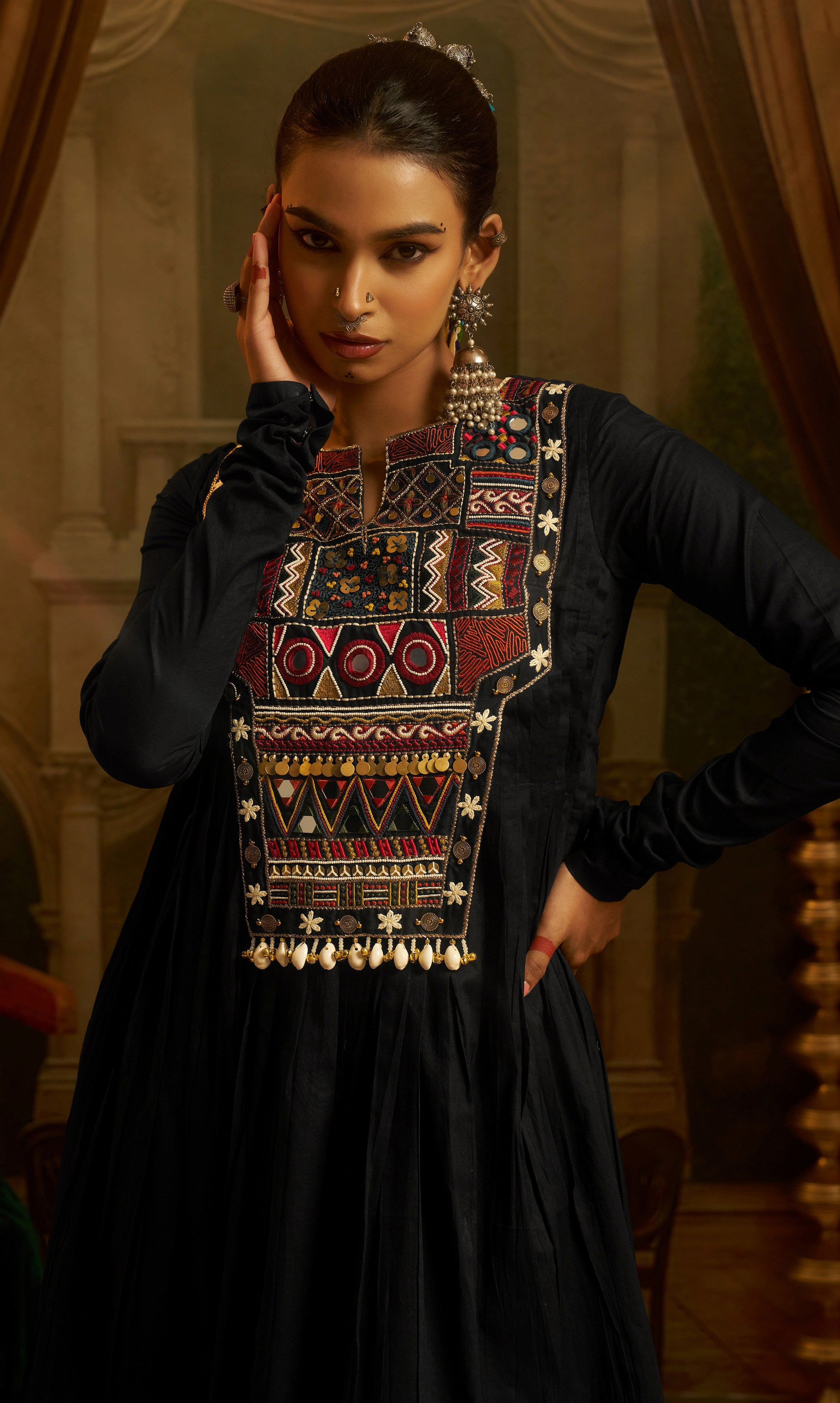 Graceful Black Thread Work Cotton Navratri Wear Kurti Set