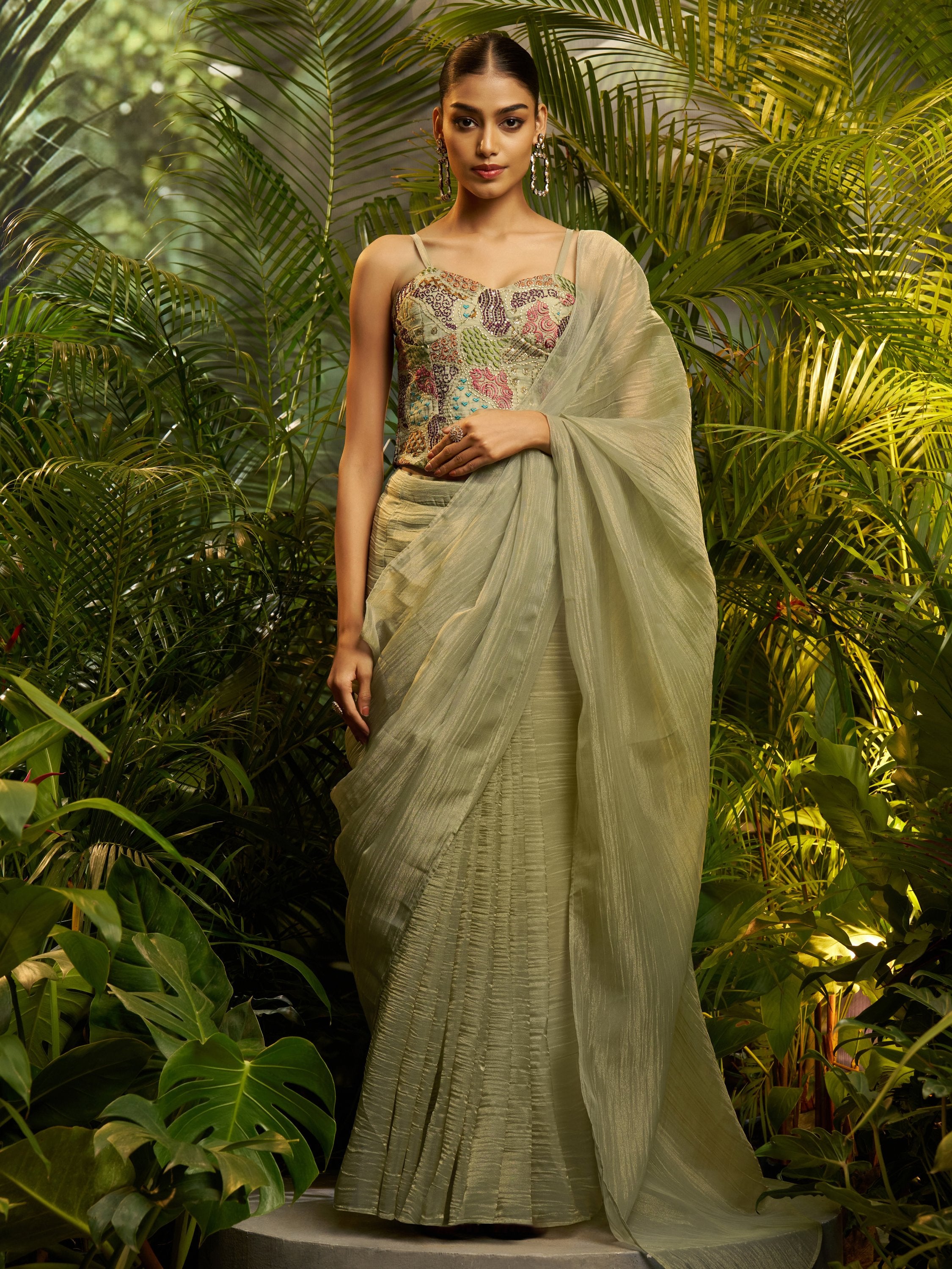 Lavish Green Thread Work Tissue Party Wear Pre-Draped Saree With Blouse
