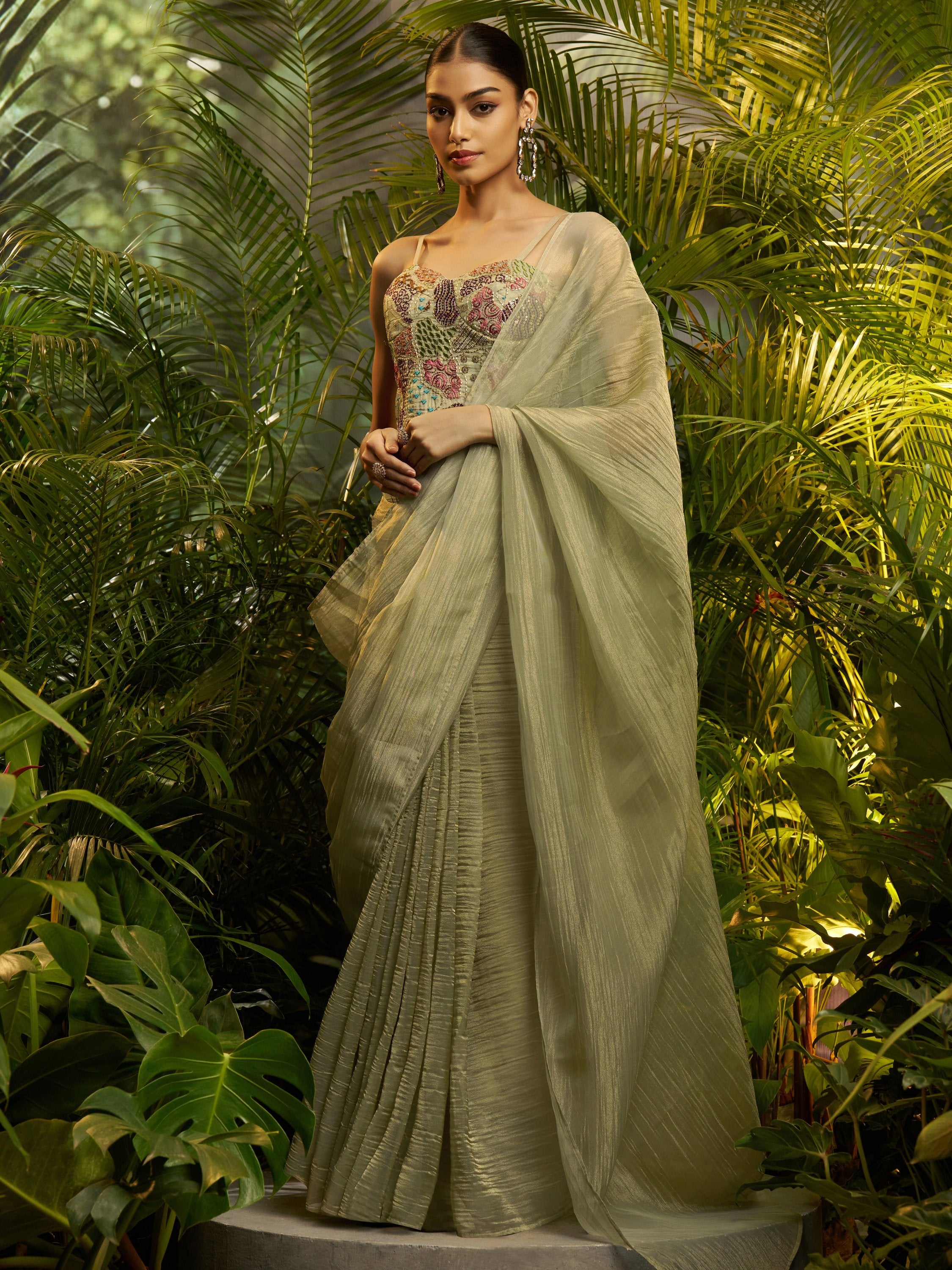 Lavish Green Thread Work Tissue Party Wear Pre-Draped Saree With Blouse