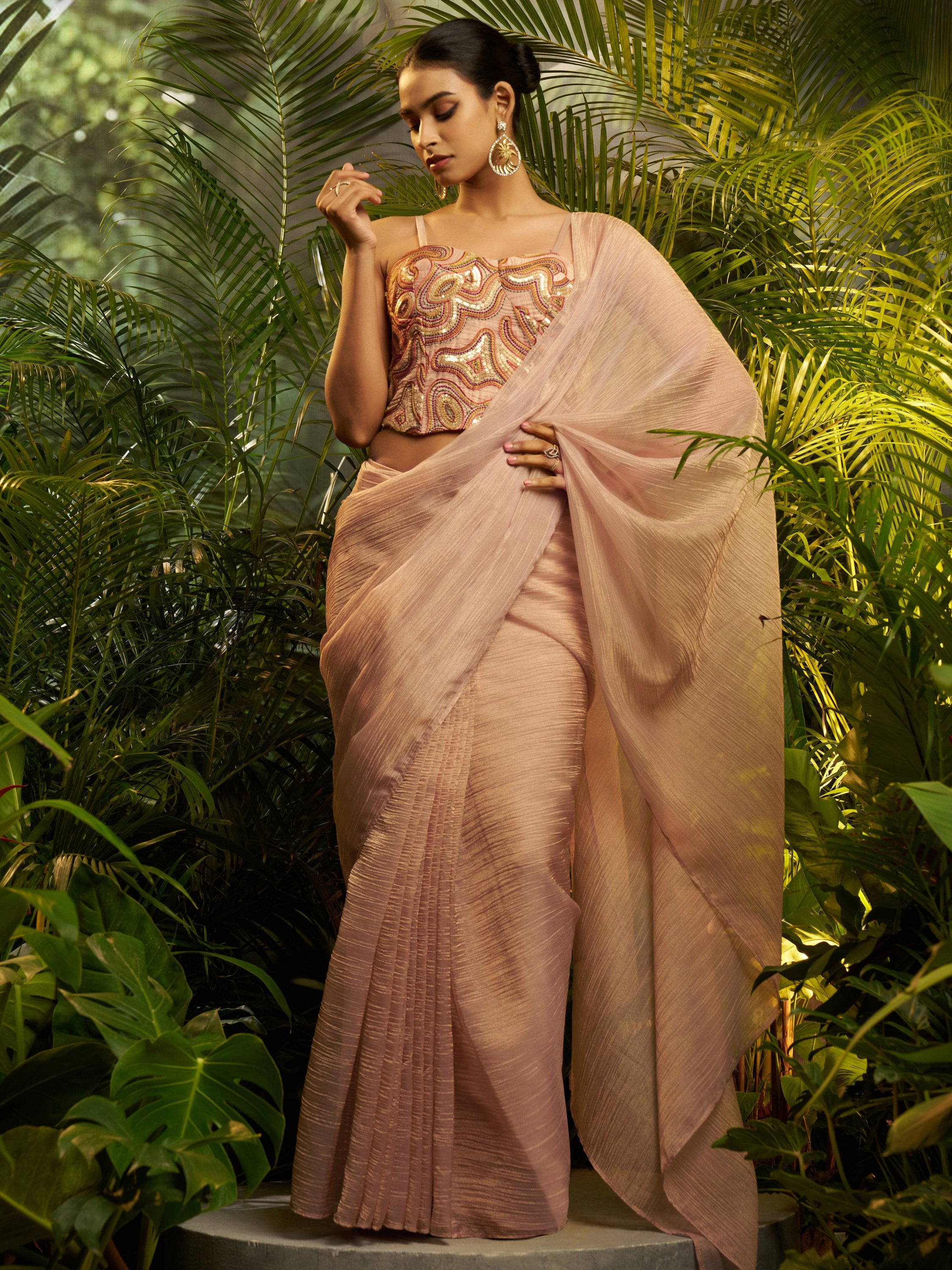 Alluring Peach Zari Work Tissue Cocktail Wear Pre-Draped Saree With Blouse