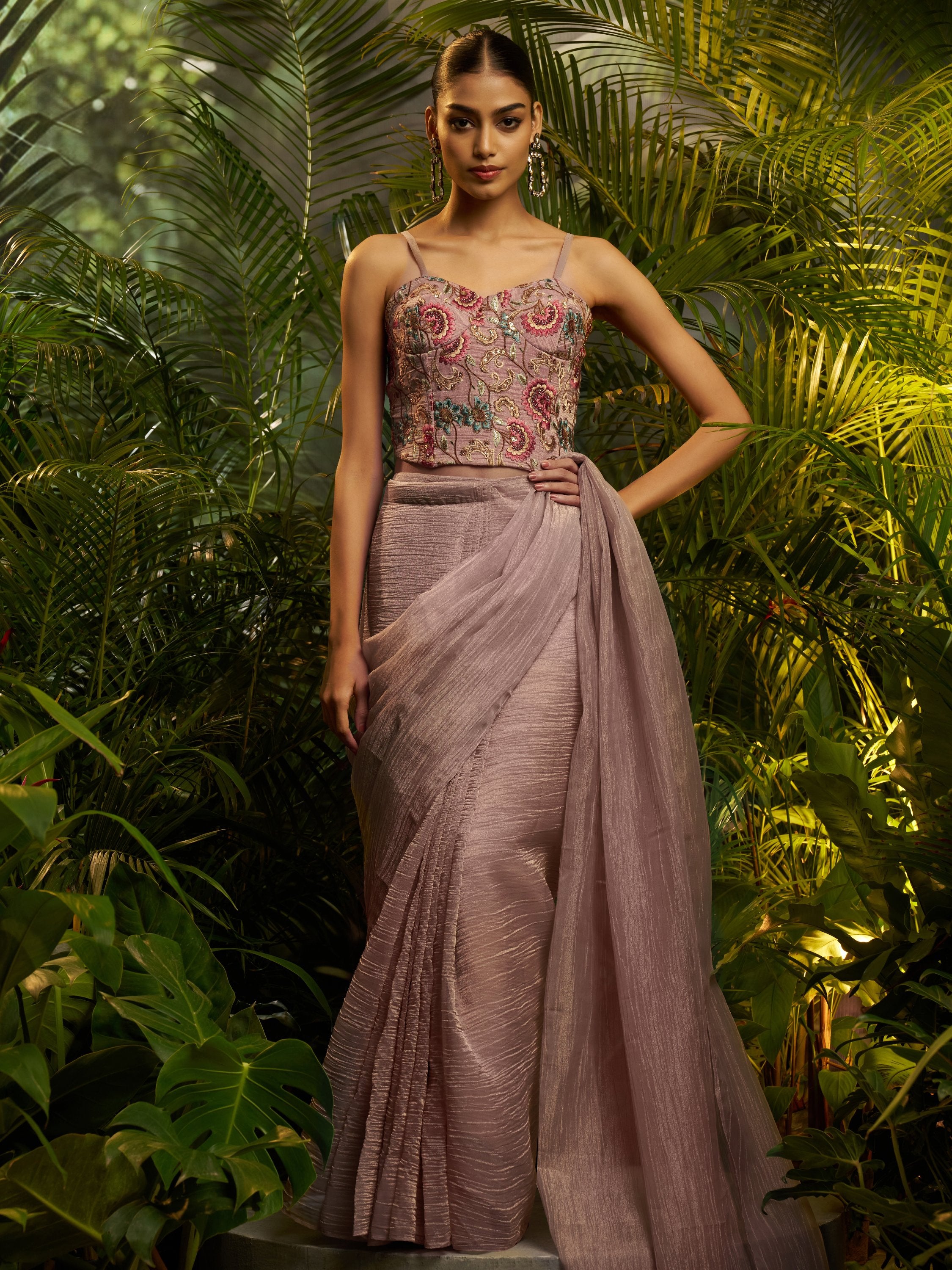 Beautiful Lavender Tissue Reception Wear Pre-Draped Saree With Blouse
