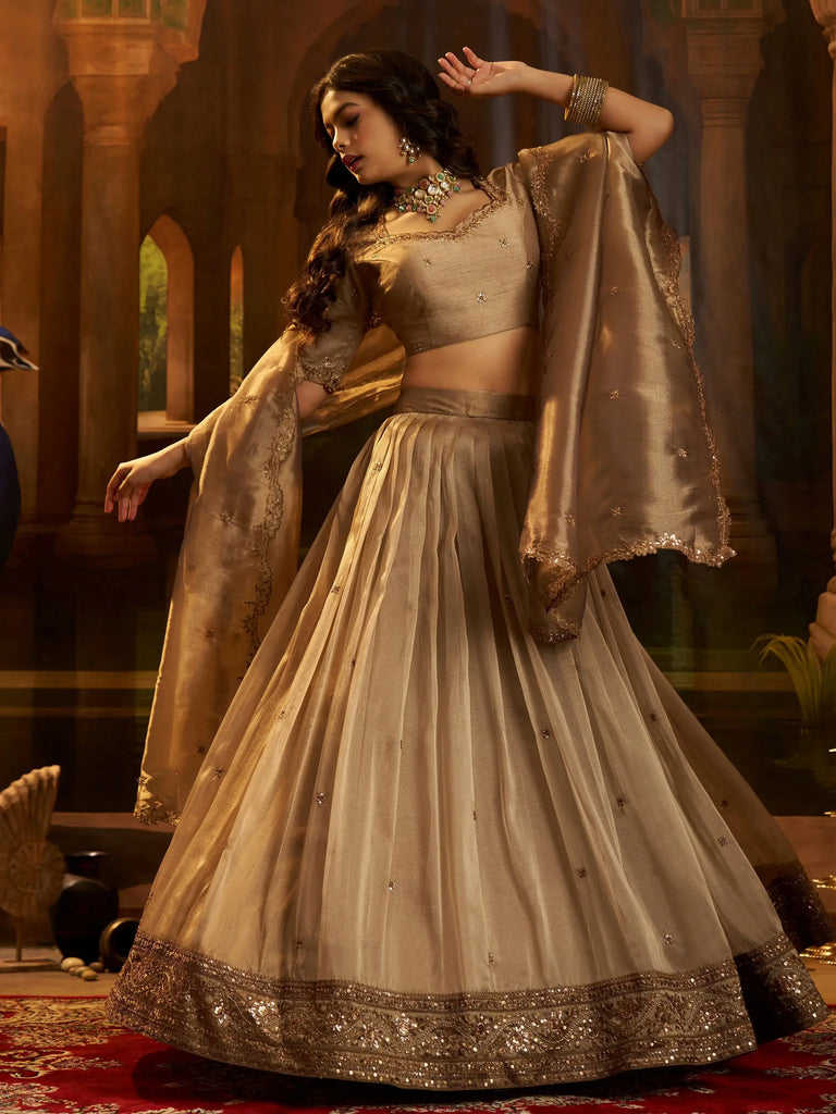 Charming Brown Sequins Organza Wedding Wear Lehenga Choli
