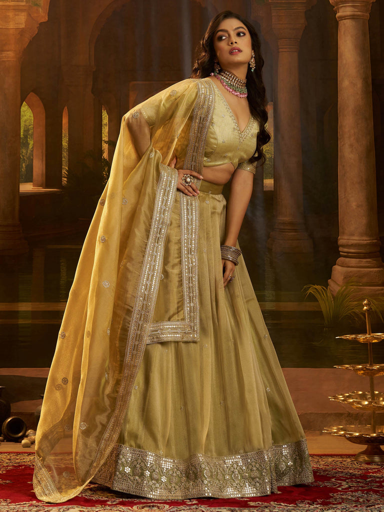 Stunning Golden Embroidered Organza Party Wear Lehenga Choli