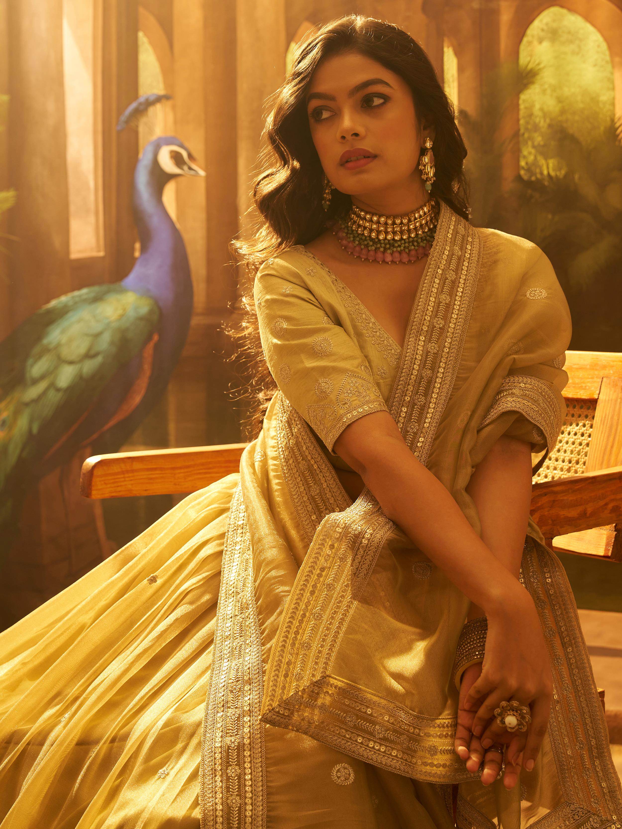 Stunning Golden Embroidered Organza Party Wear Lehenga Choli