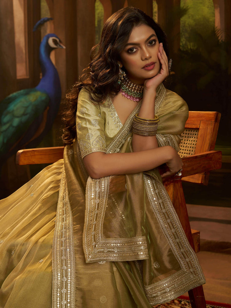 Stunning Golden Embroidered Organza Party Wear Lehenga Choli