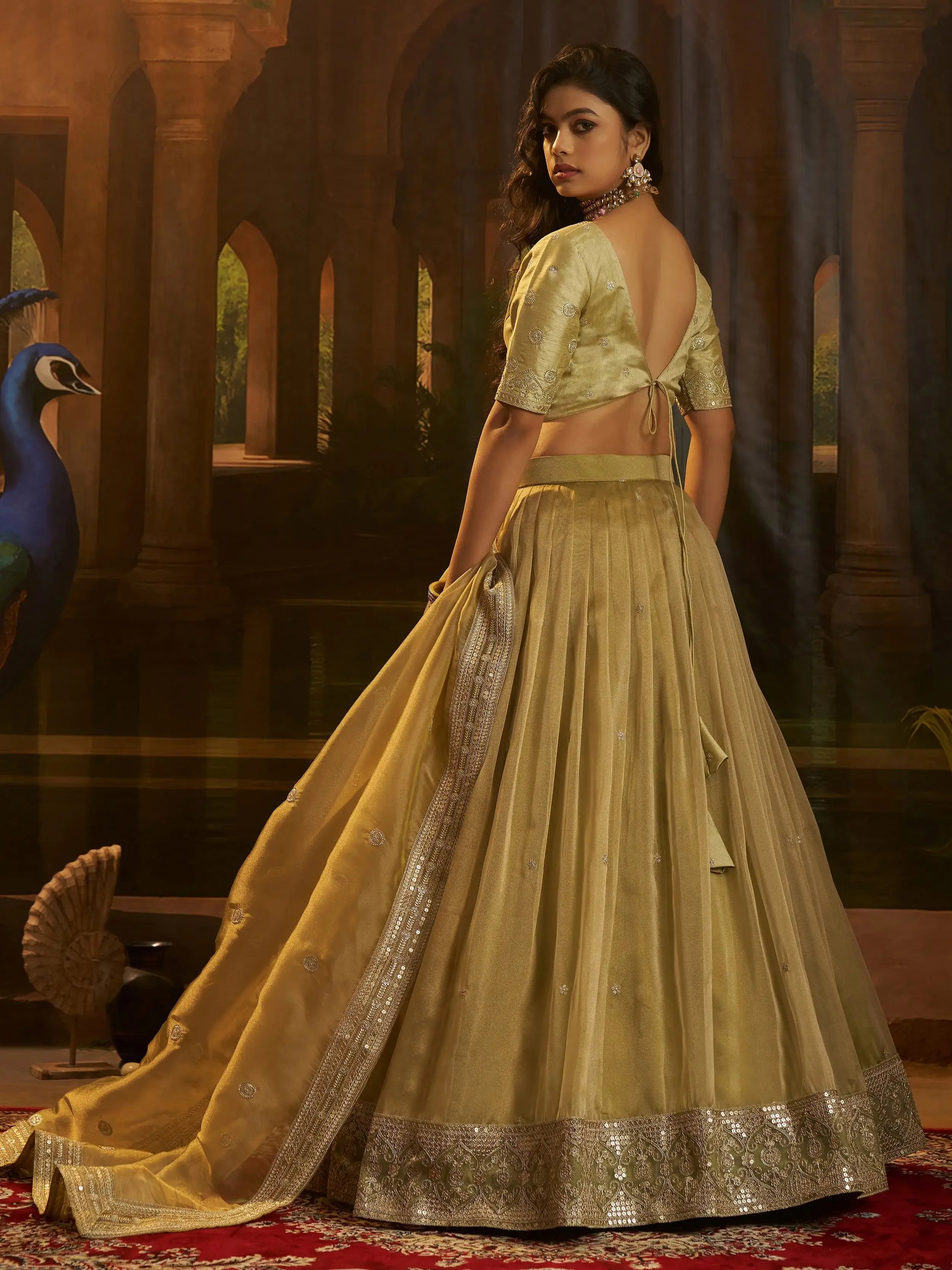 Stunning Golden Embroidered Organza Party Wear Lehenga Choli