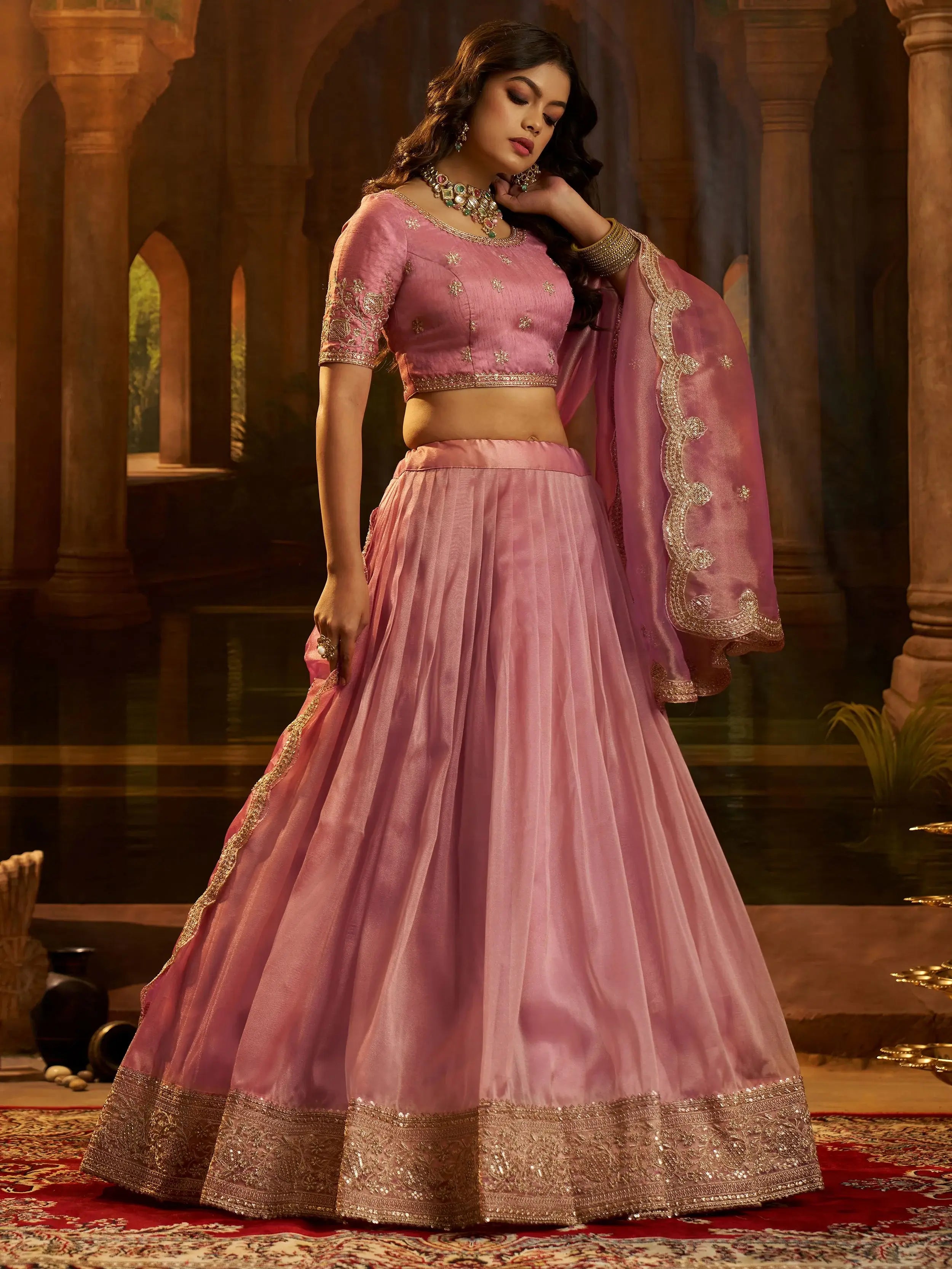 Impressive Pink Dori Embroidered Organza Wedding Wear Lehenga Choli