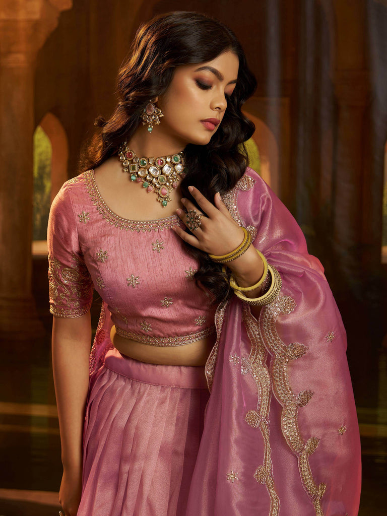 Impressive Pink Dori Embroidered Organza Wedding Wear Lehenga Choli