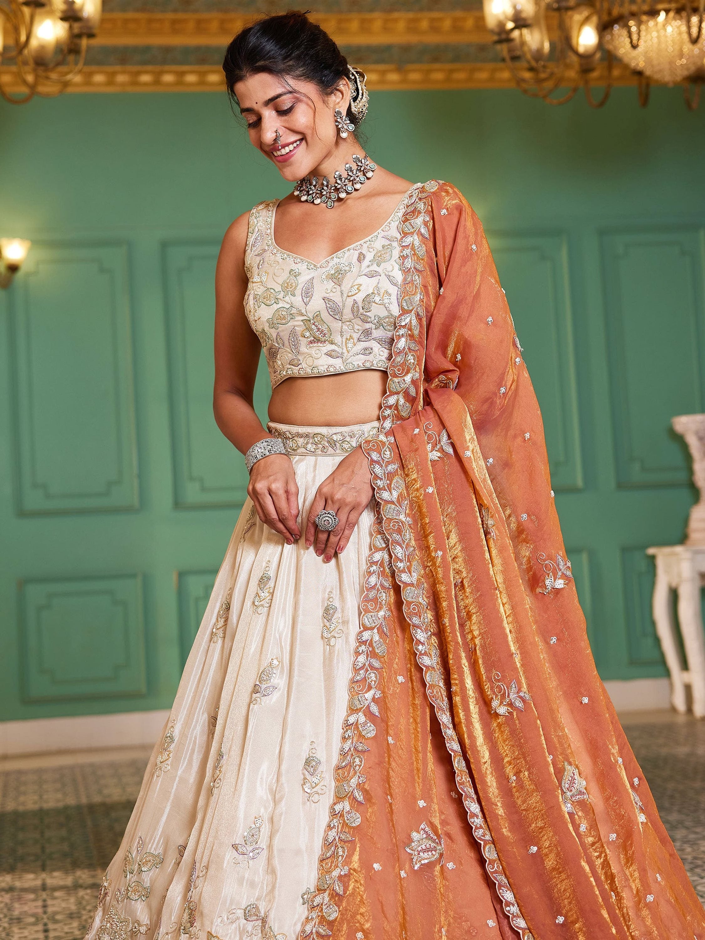 Marvelous Cream Sequins Tissue Reception Wear Lehenga With Blouse