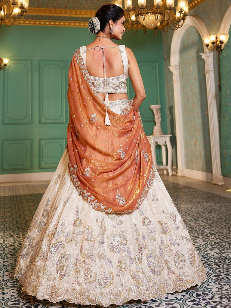 Marvelous Cream Sequins Tissue Reception Wear Lehenga With Blouse