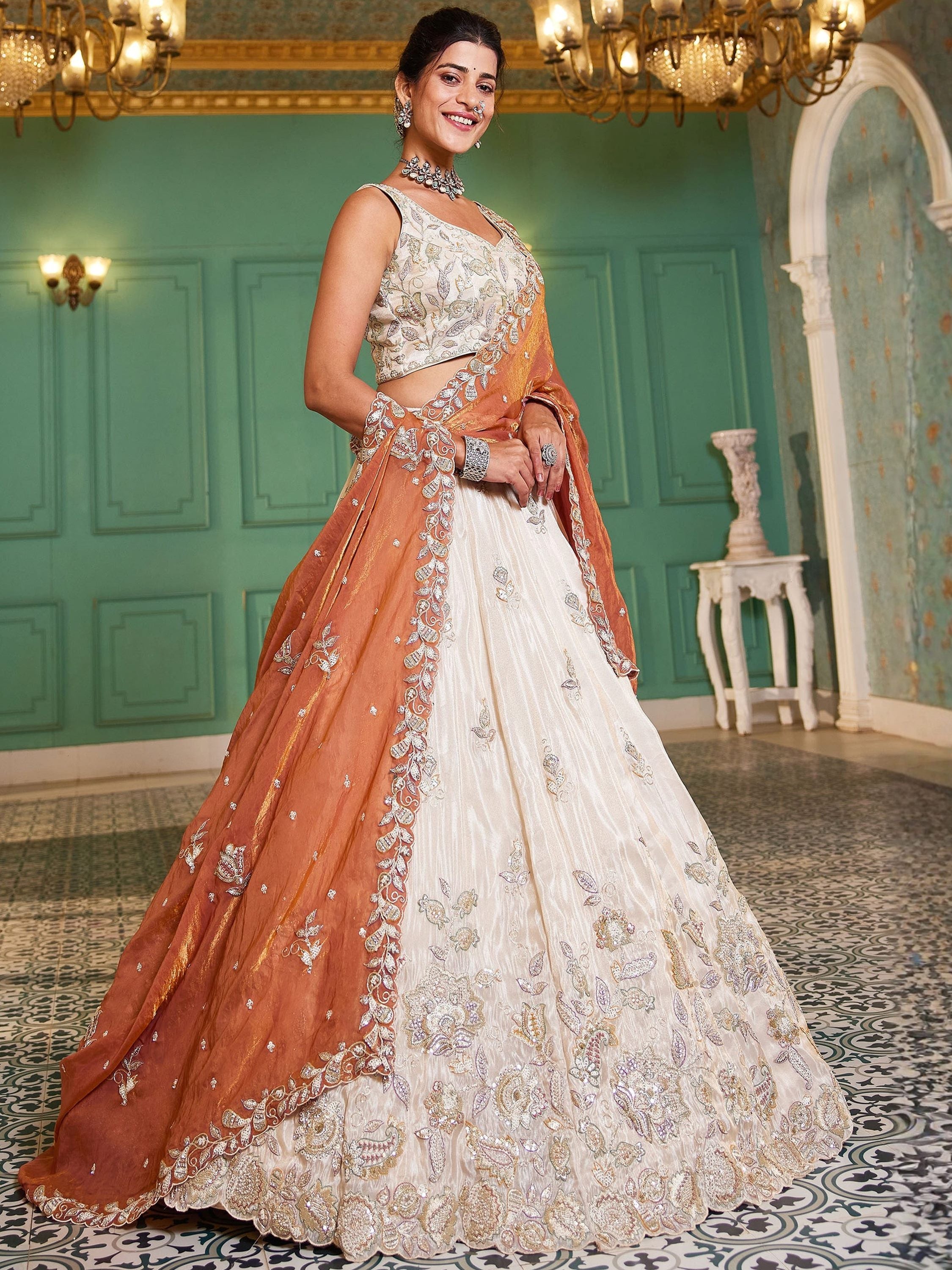 Marvelous Cream Sequins Tissue Reception Wear Lehenga With Blouse