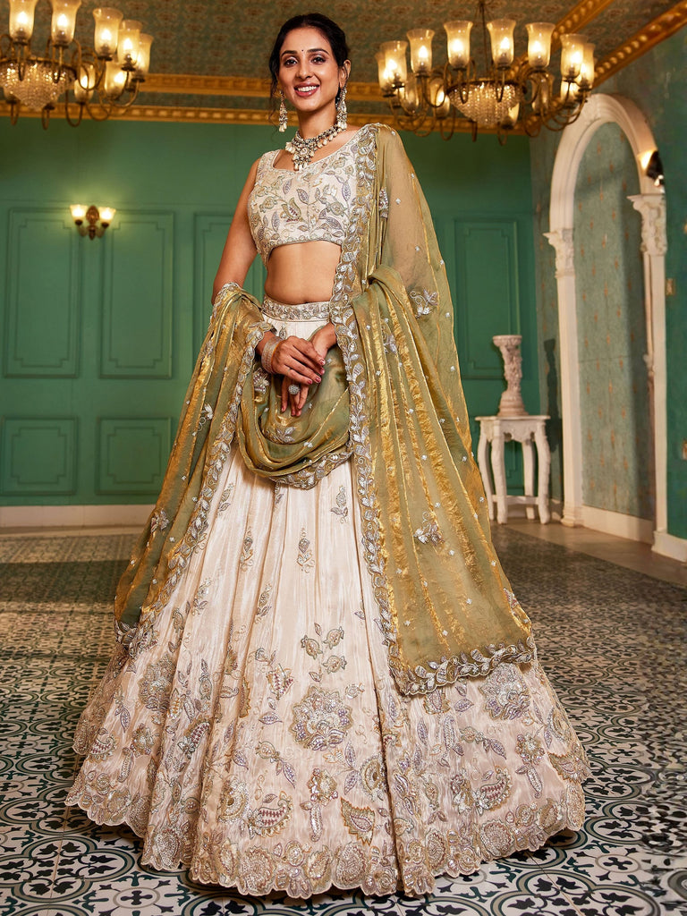 Stunning Cream Zari Embroidered Tissue Engagement Wear Lehenga Choli