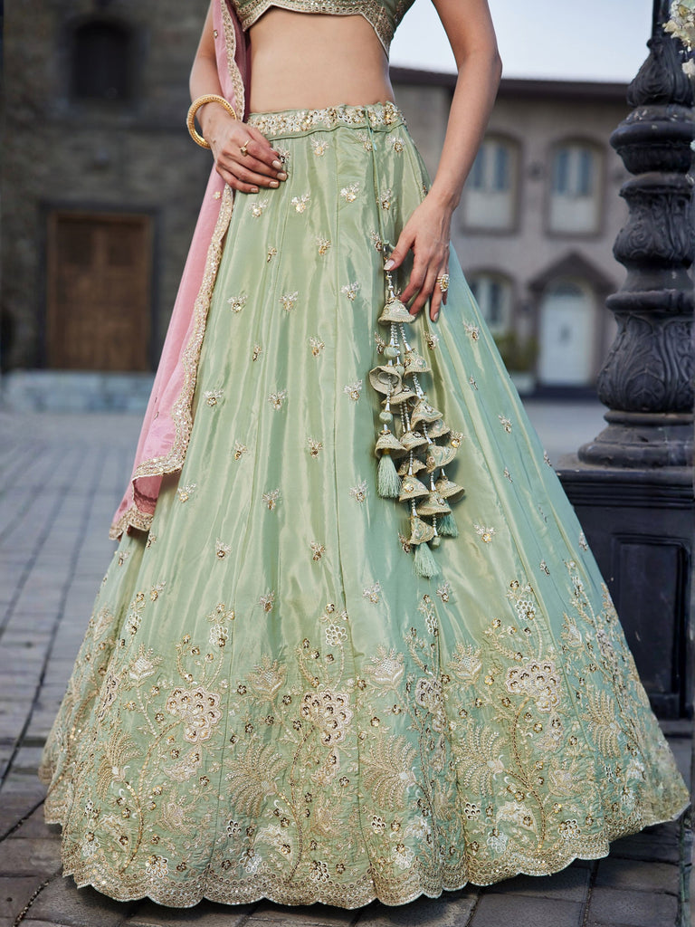 Lovable Pista Green Zari Work Reception Wear Lehenga Choli With Dupatta