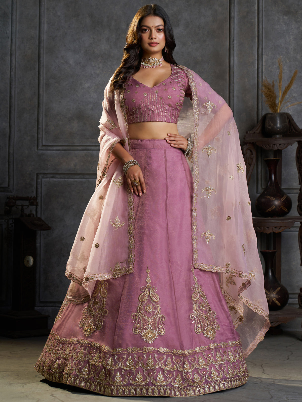 Fashionable Mauve Zari Work Organza Engagement Wear Lehenga Choli