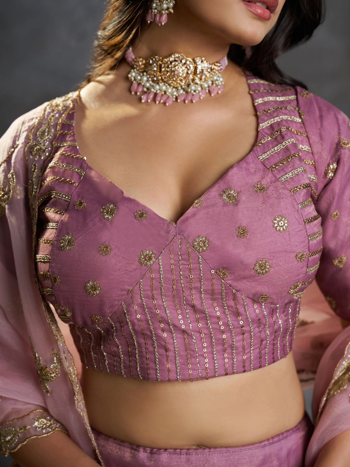 Fashionable Mauve Zari Work Organza Engagement Wear Lehenga Choli