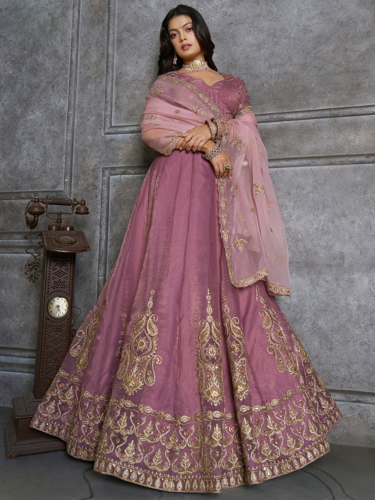 Fashionable Mauve Zari Work Organza Engagement Wear Lehenga Choli
