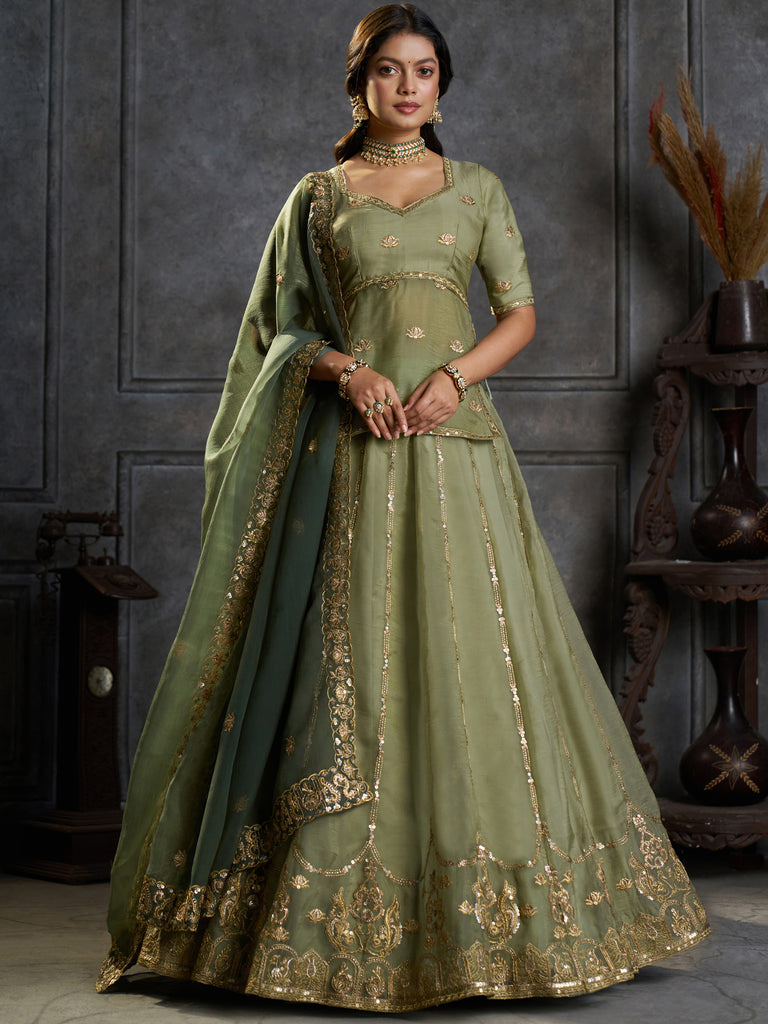 Notable Pista Green Sequins Organza Mehendi Wear Lehenga Choli