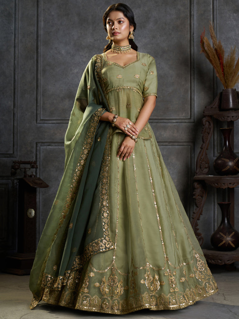 Notable Pista Green Sequins Organza Mehendi Wear Lehenga Choli