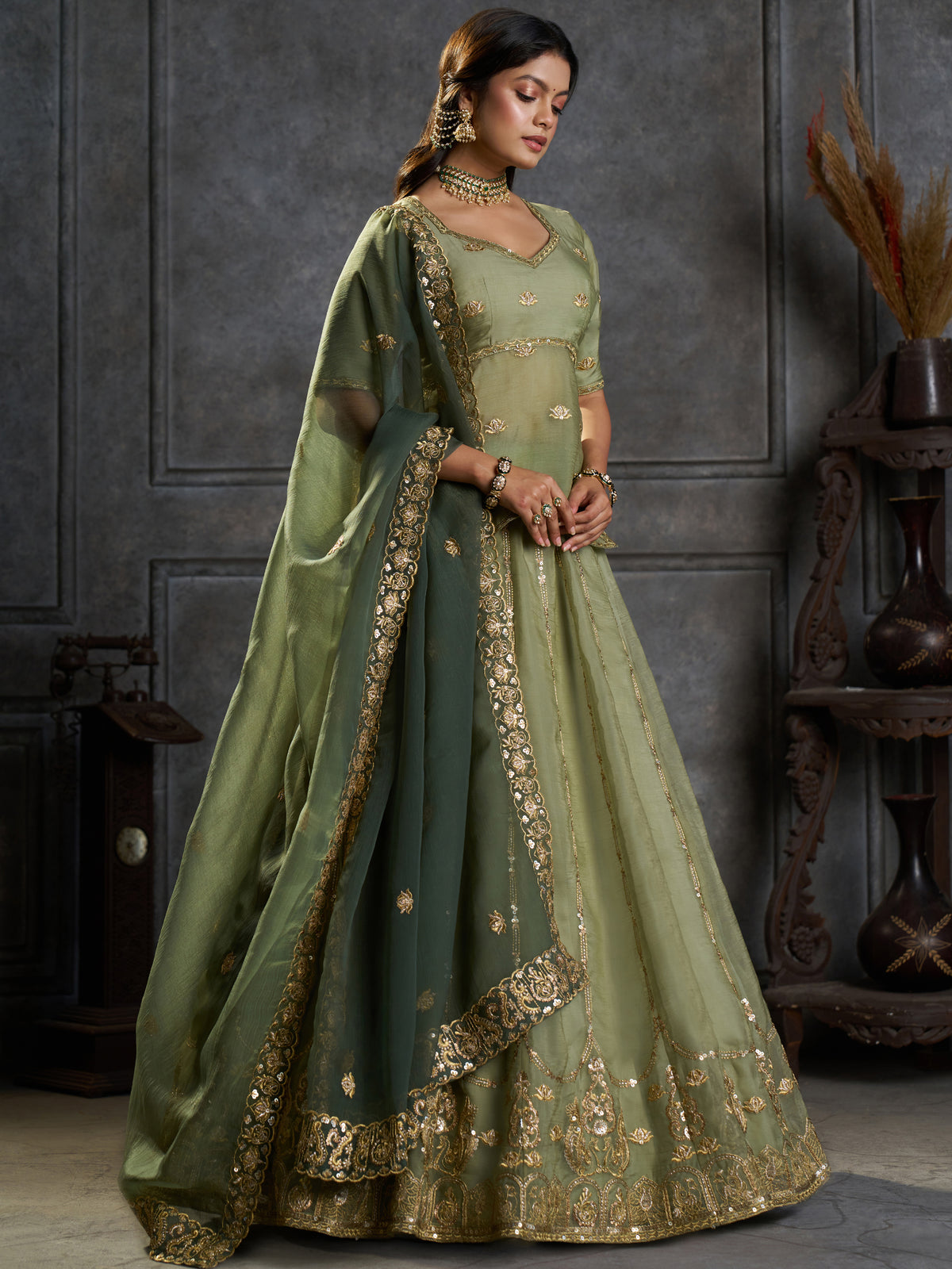 Notable Pista Green Sequins Organza Mehendi Wear Lehenga Choli