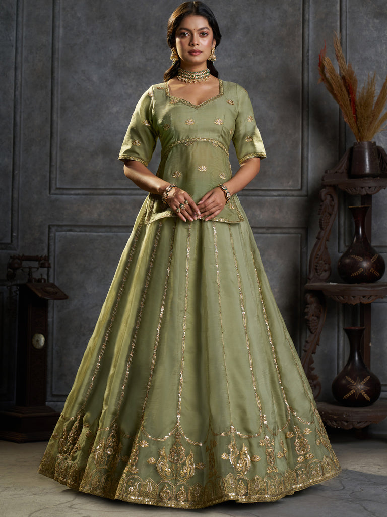 Notable Pista Green Sequins Organza Mehendi Wear Lehenga Choli