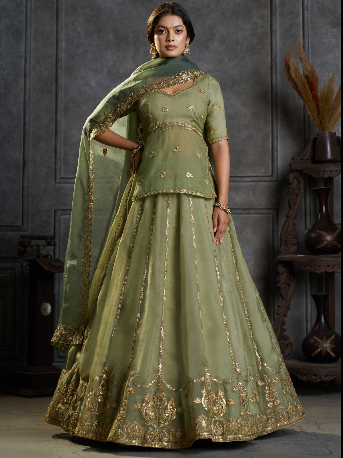 Notable Pista Green Sequins Organza Mehendi Wear Lehenga Choli