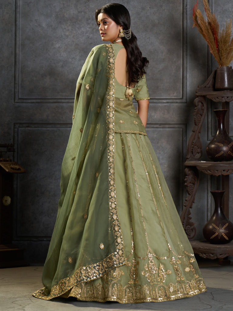 Notable Pista Green Sequins Organza Mehendi Wear Lehenga Choli