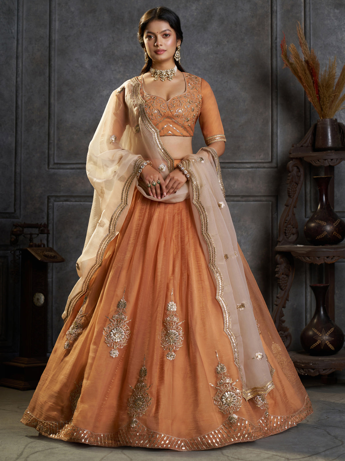 Classic Rust Orange Embroidered Organza Lehenga Choli With Dupatta