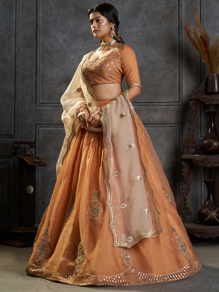 Classic Rust Orange Embroidered Organza Lehenga Choli With Dupatta