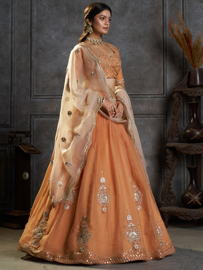 Classic Rust Orange Embroidered Organza Lehenga Choli With Dupatta