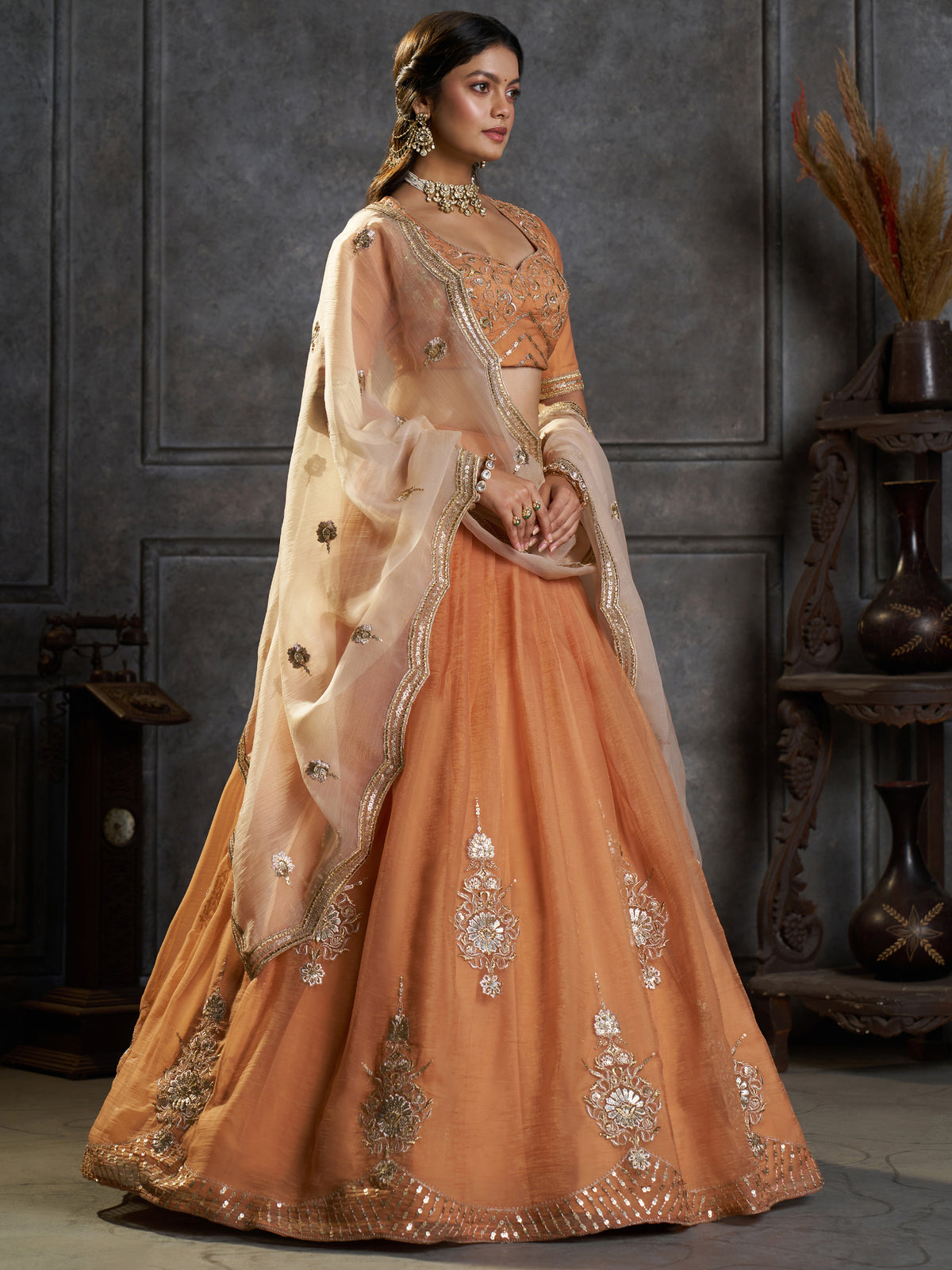 Classic Rust Orange Embroidered Organza Lehenga Choli With Dupatta