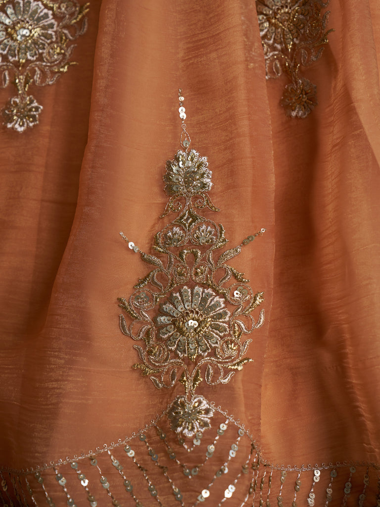 Classic Rust Orange Embroidered Organza Lehenga Choli With Dupatta