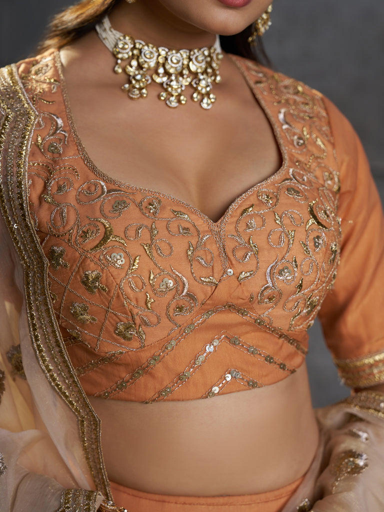 Classic Rust Orange Embroidered Organza Lehenga Choli With Dupatta