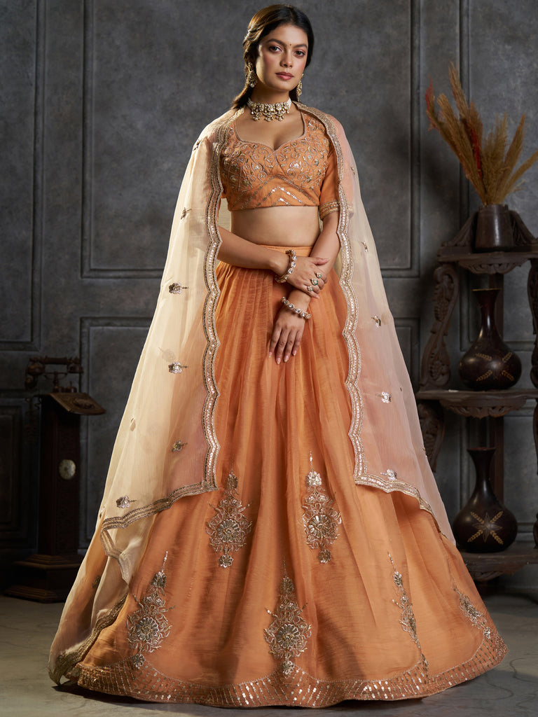 Classic Rust Orange Embroidered Organza Lehenga Choli With Dupatta