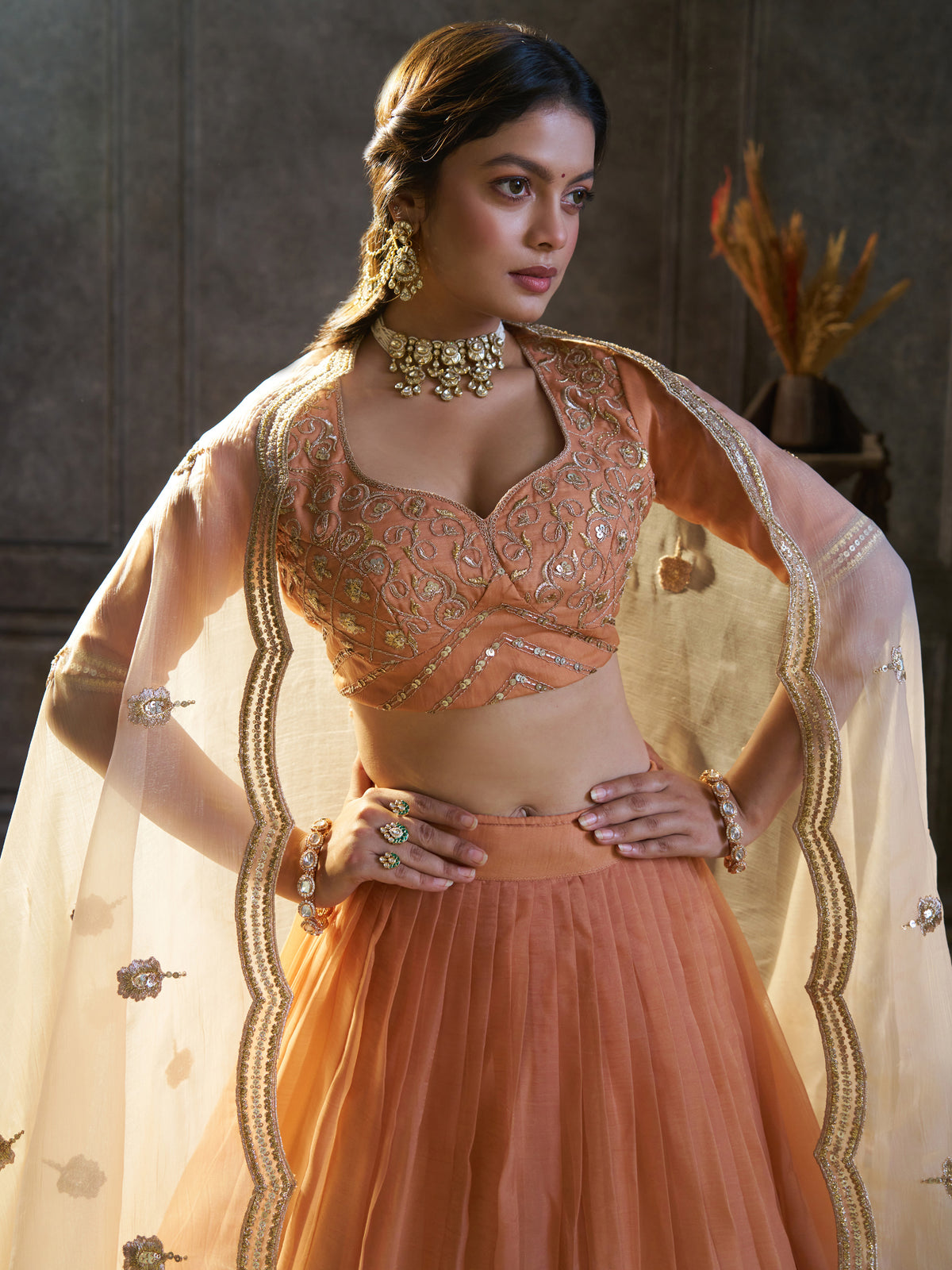 Classic Rust Orange Embroidered Organza Lehenga Choli With Dupatta