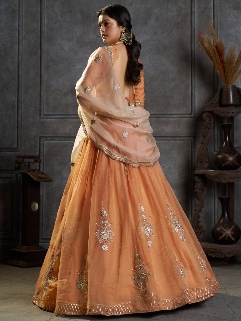 Classic Rust Orange Embroidered Organza Lehenga Choli With Dupatta