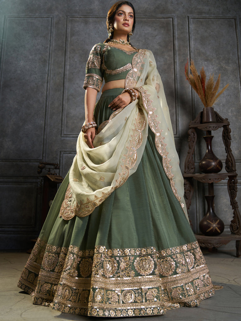 Gorgeous Green Zari Embroidery Traditional Lehenga Choli With Dupatta