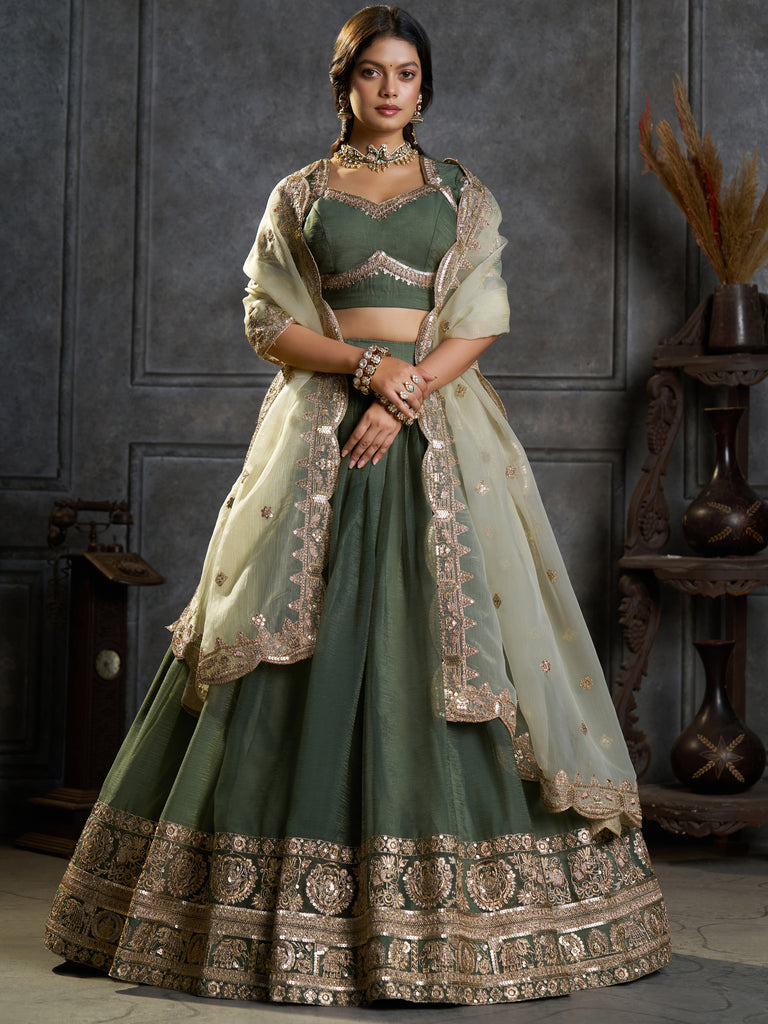 Gorgeous Green Zari Embroidery Traditional Lehenga Choli With Dupatta