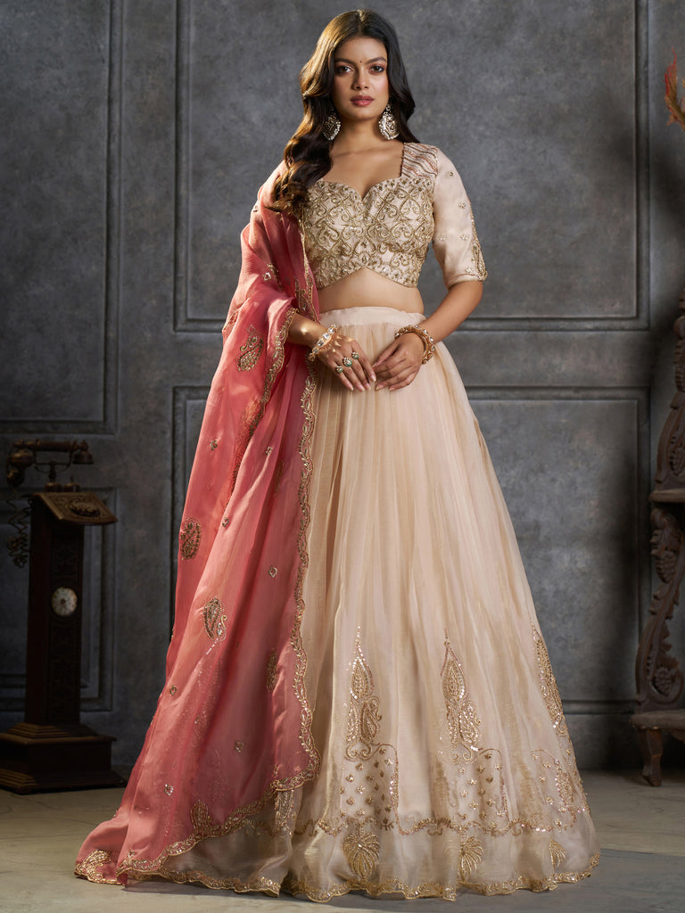 Aesthetic Cream Sequins Organza Designer Lehenga With Blouse