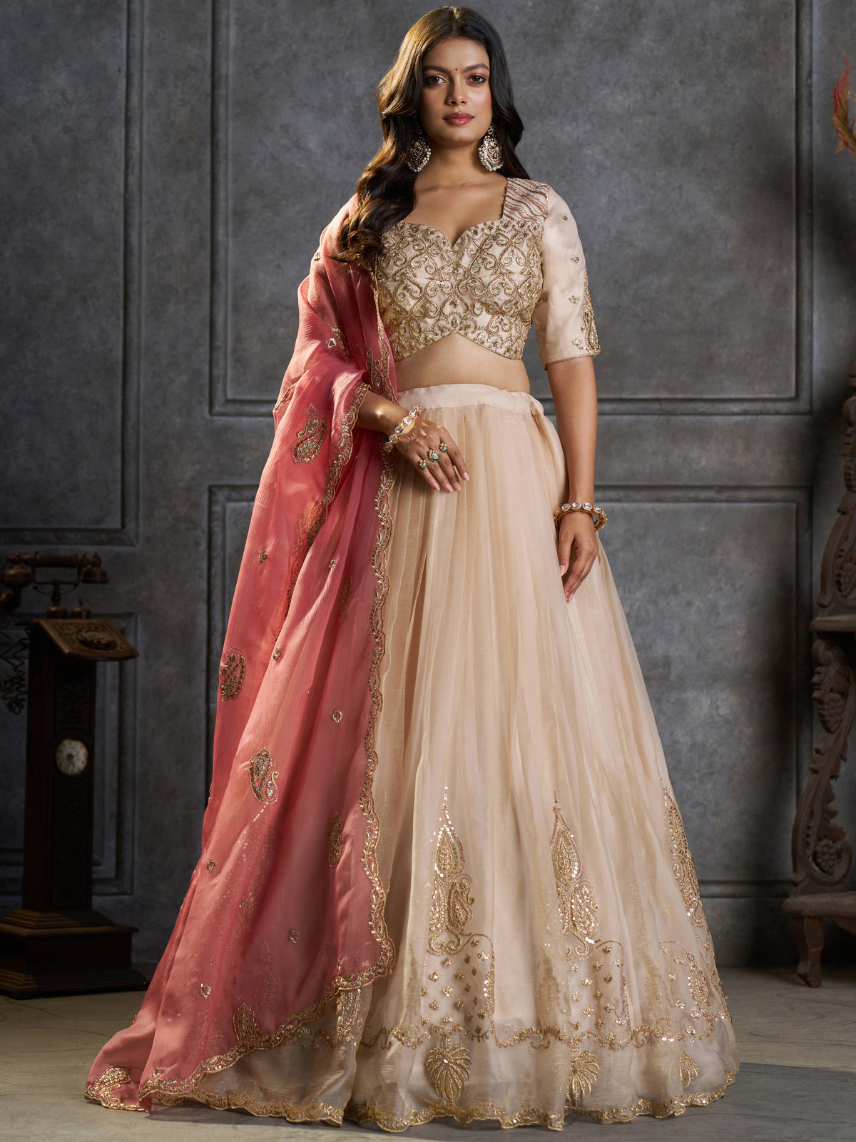 Aesthetic Cream Sequins Organza Designer Lehenga With Blouse