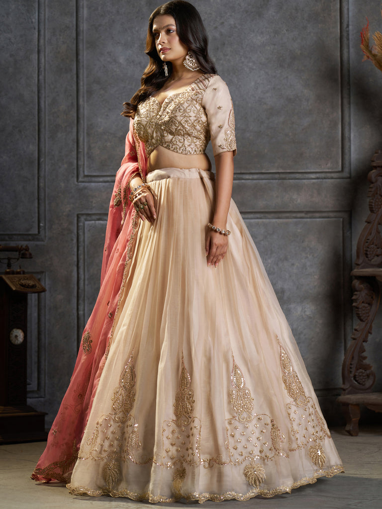 Aesthetic Cream Sequins Organza Designer Lehenga With Blouse