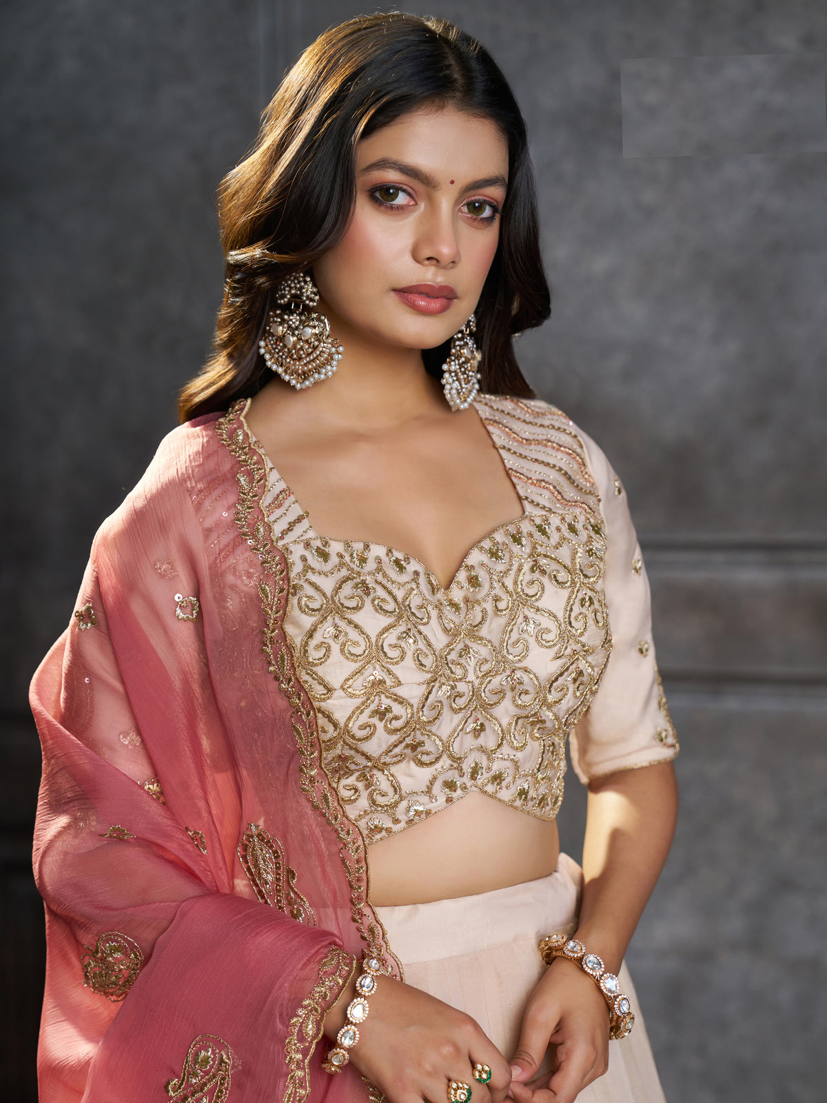 Aesthetic Cream Sequins Organza Designer Lehenga With Blouse