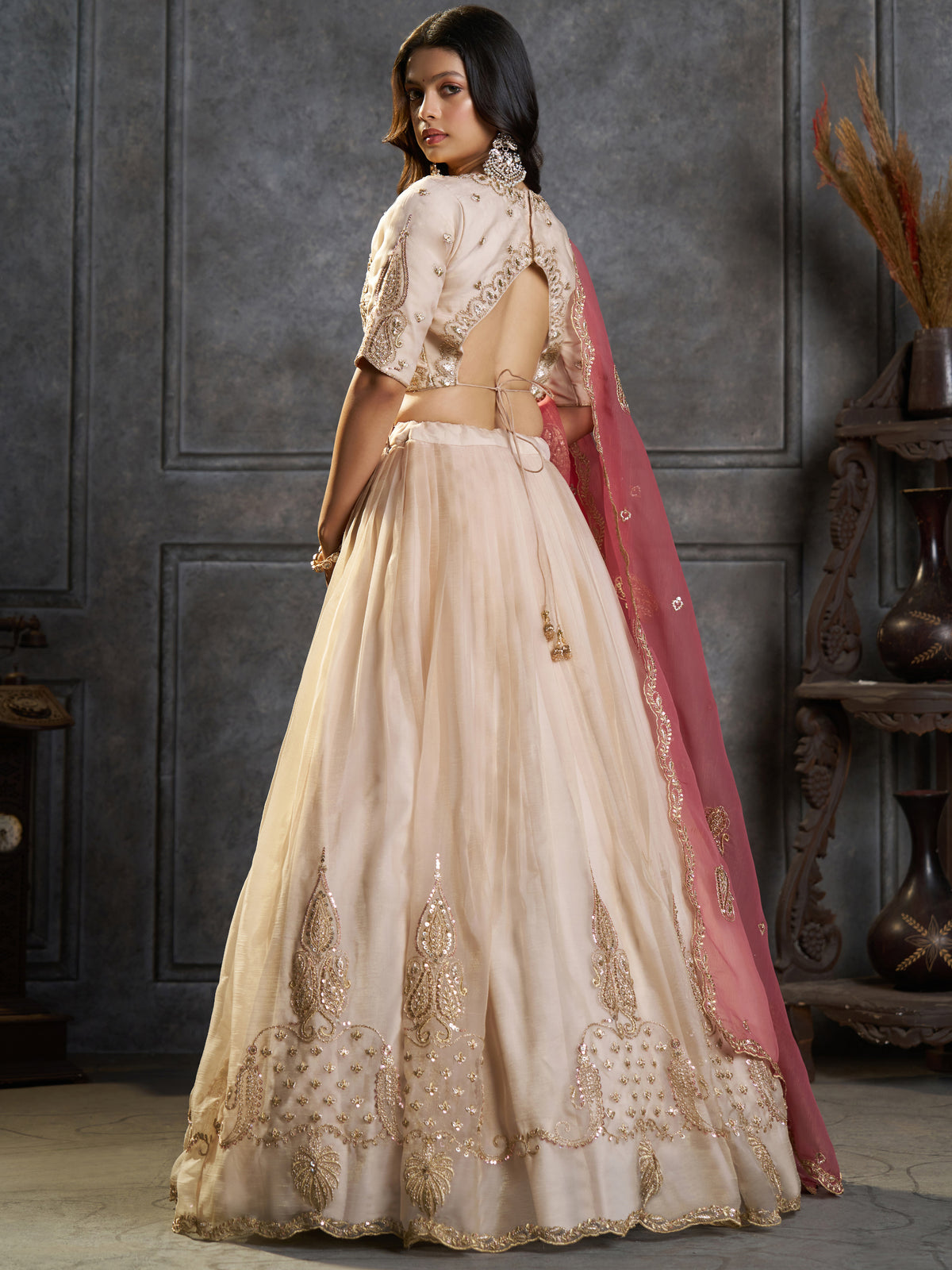 Aesthetic Cream Sequins Organza Designer Lehenga With Blouse
