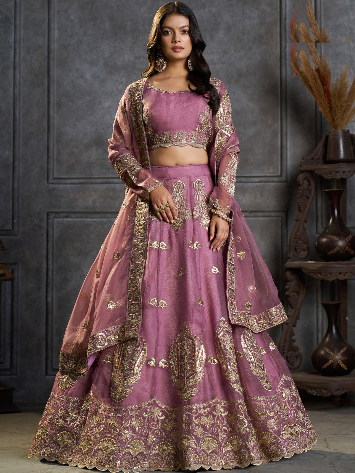 Stylish Mauve Embroidered Organza Reception Wear Lehenga Choli